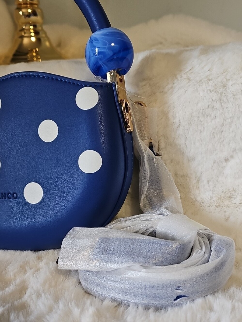 NEW! Melie Bianco Jennie Blue and White Polka Dot Top-Handle Bag - Picture 3 of 9